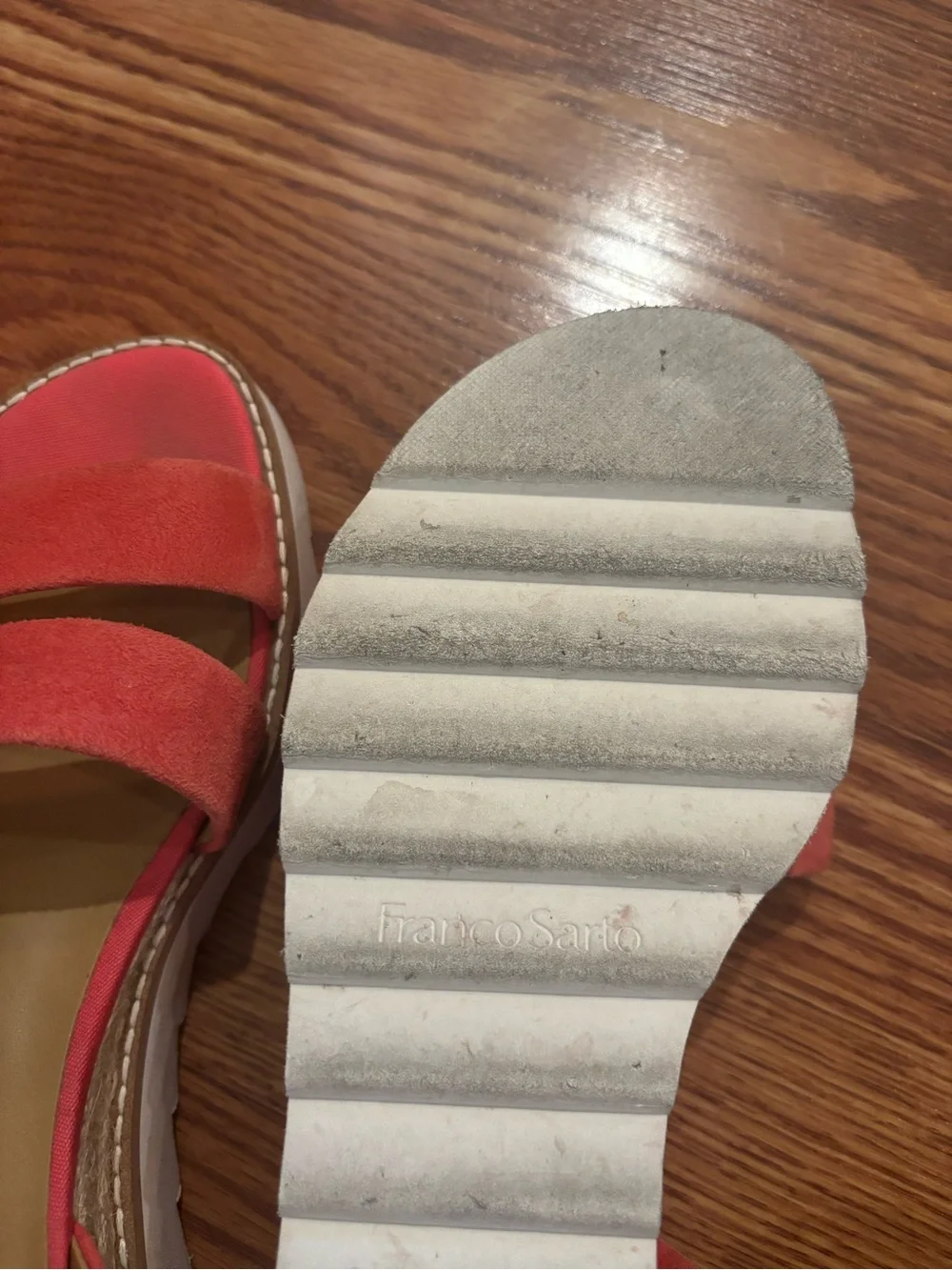 Franco Sarto Suede Ankle Strap Sandal Wedges Connolly Pink Coral Sz 7.5M